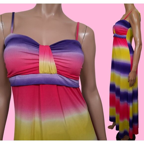 Y2K Sleeveless Maxi Dress Bright Colorful Striped Stretch Barbiecore Size M - Picture 1 of 10